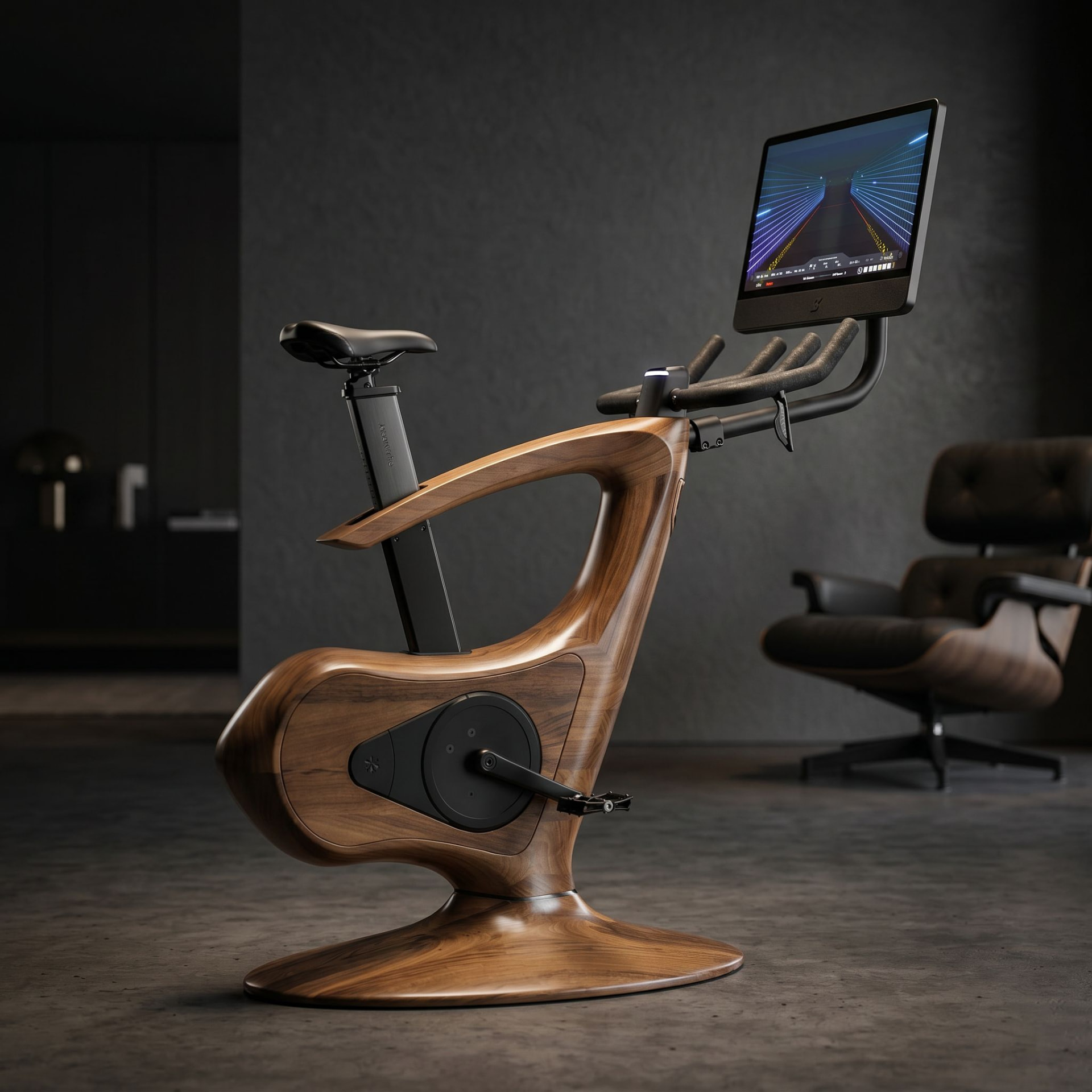 Annum luxury wooden indoor bike with integrated display in a dark contemporary interior