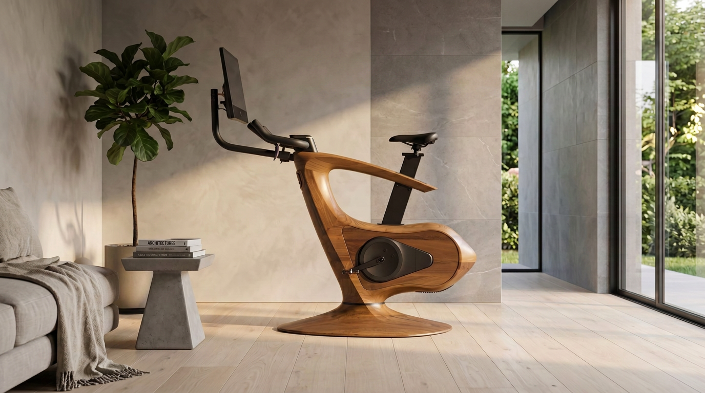 Bespoke Annum wooden exercise bike in a stone and wood luxury interior