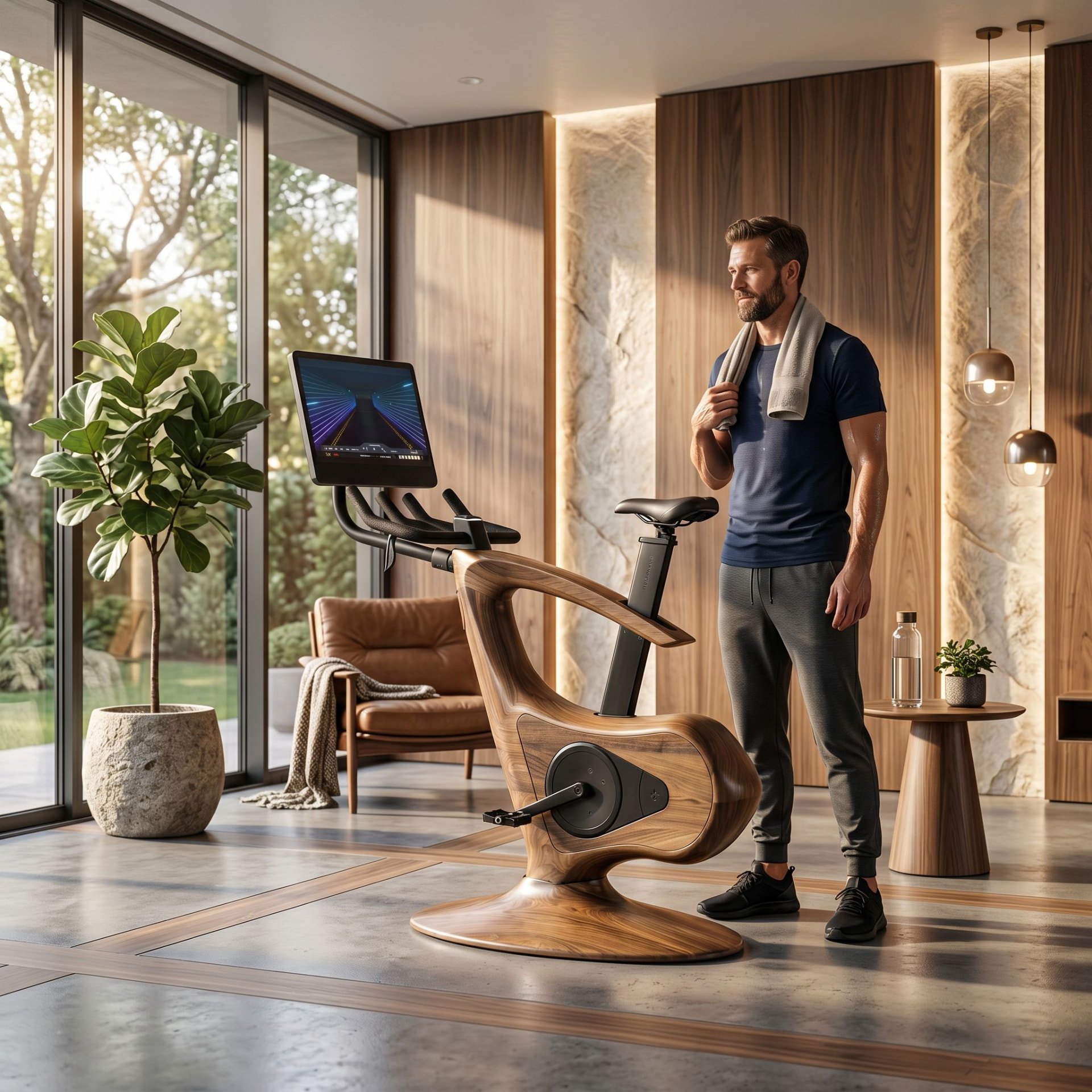 Annum luxury wooden indoor bike in a bright contemporary interior with floor-to-ceiling garden views