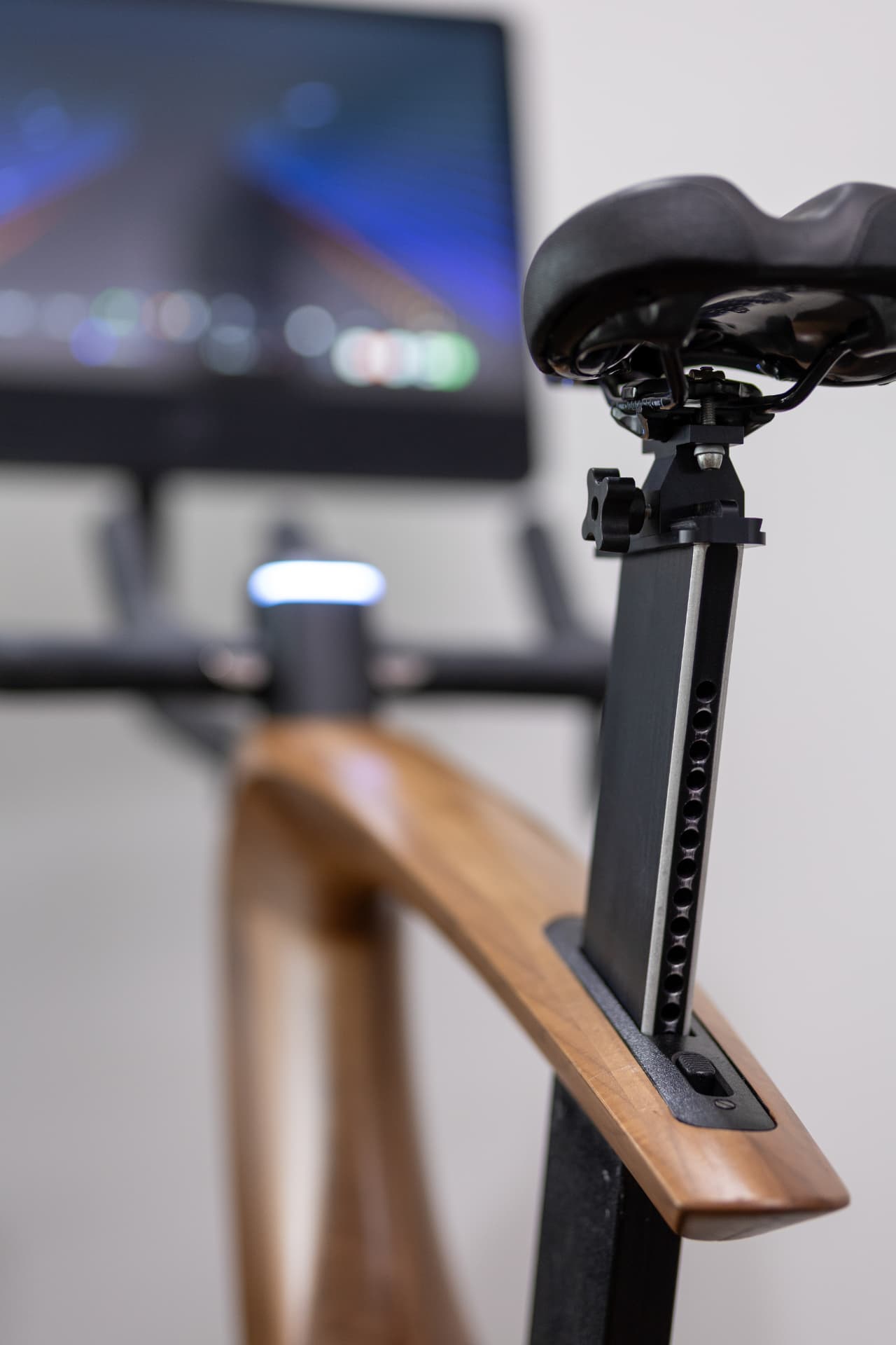 Saddle post detail of the Annum wooden exercise bike