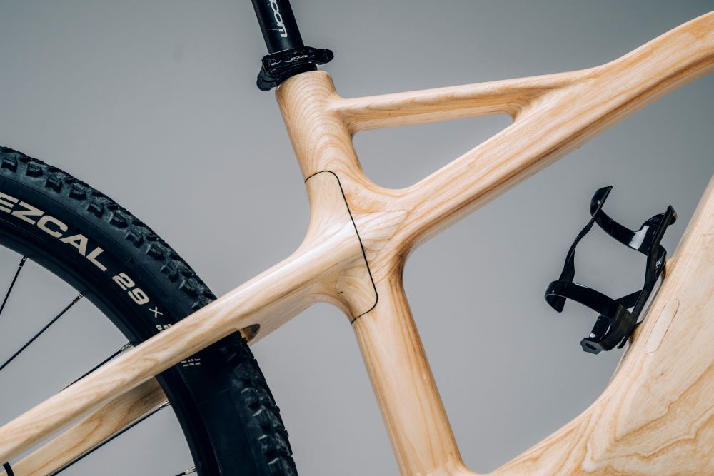 Frame junction detail of an Annum wooden bicycle